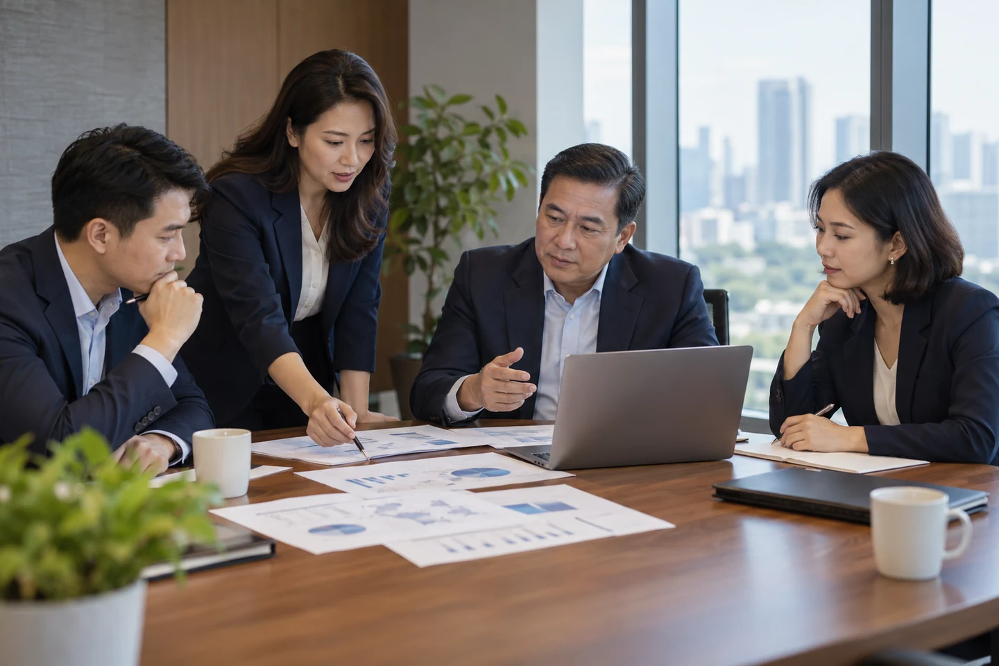 Các nhà quản lý cùng trao đổi tài liệu và kế hoạch.